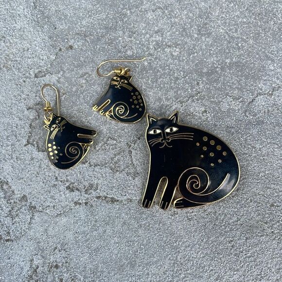 Laurel Burch vintage Keshire cat earring and brooch set like new black - Picture 5 of 5
